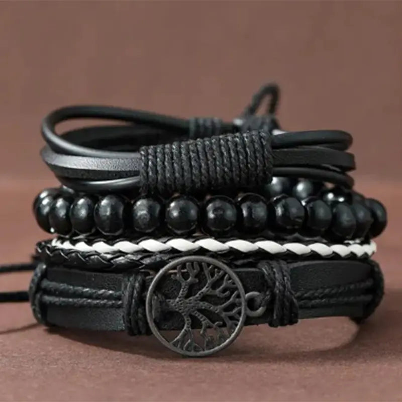 Handmade Vintage Weave Beaded Leather Men's Bracelet