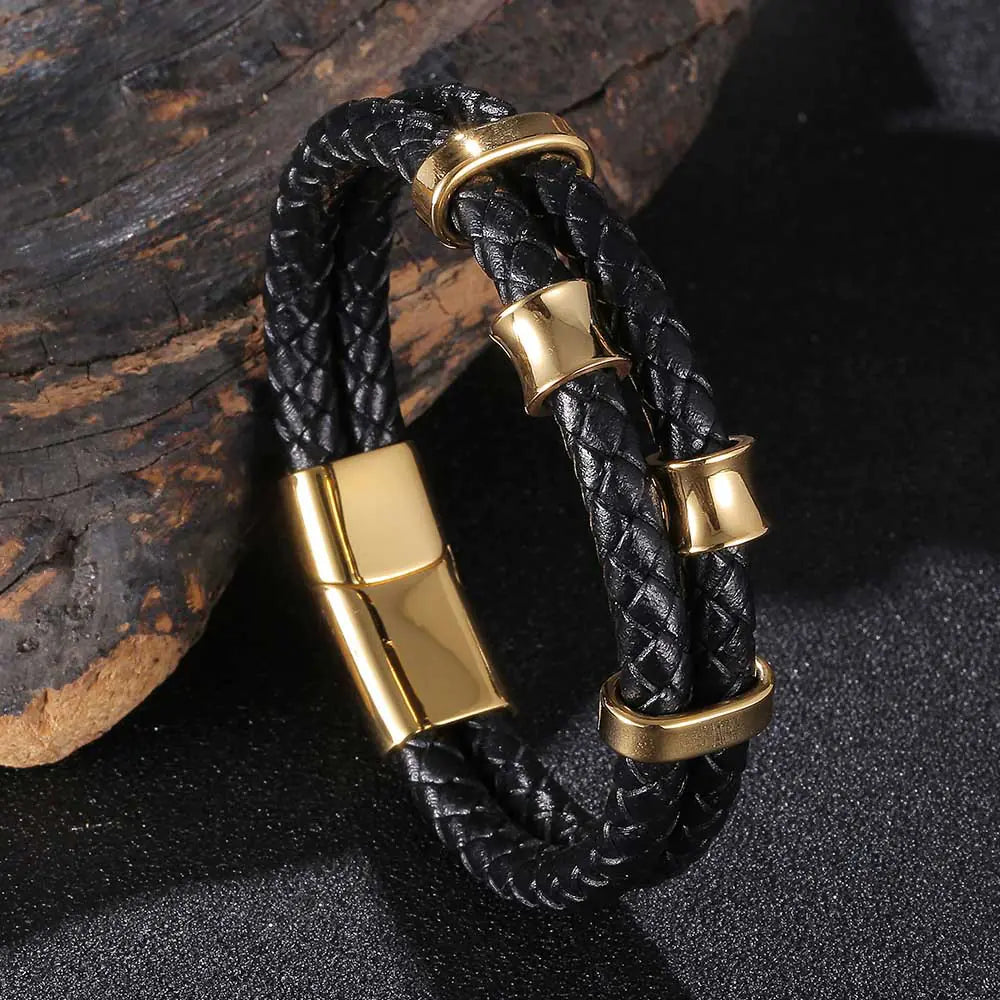 Genuine Leather Braided Stainless Steel Multilayer Bracelet for Men