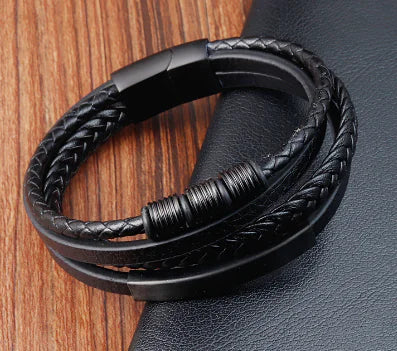 Genuine Leather Multi-layer Stainless Steel Men's Bracelet