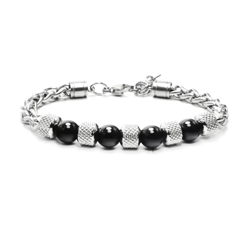 Tiger Eye Stone Beads Titanium Steel Chain Men's Bracelet