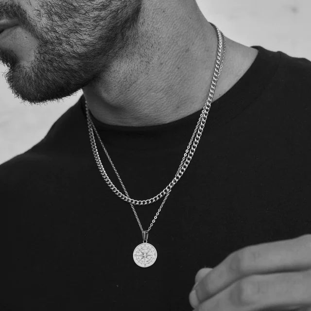 Men's Layered Nautical Compass Pendant Necklace