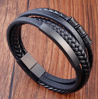 Genuine Leather Multi-layer Stainless Steel Men's Bracelet