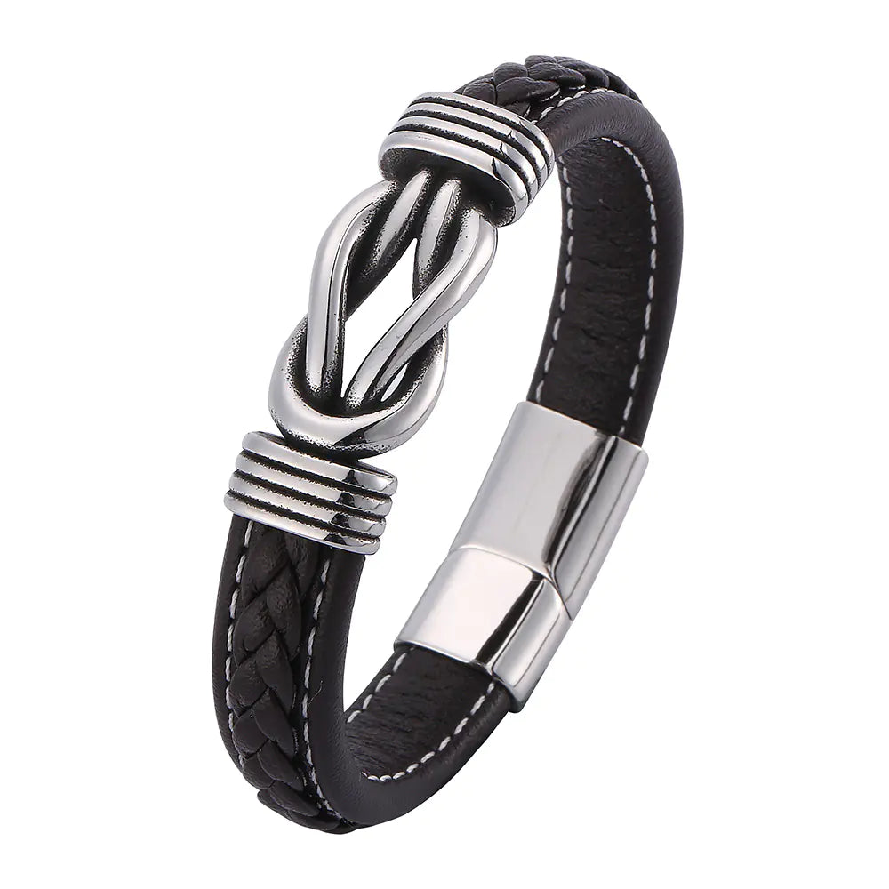 Microfiber Brown Leather Stainless Steel Punk Bracelet for Men