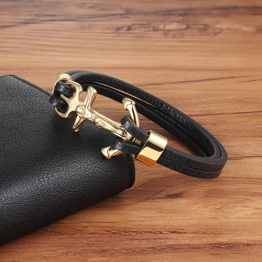 Classic Magnetic Anchor Stainless Steel Leather Men's Bracelet