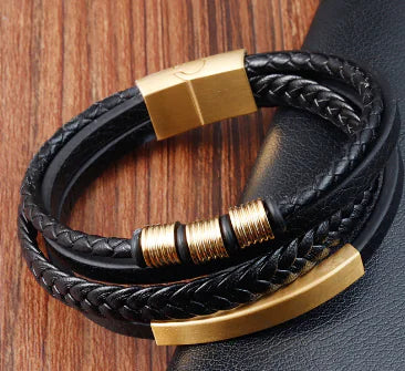 Genuine Leather Multi-layer Stainless Steel Men's Bracelet