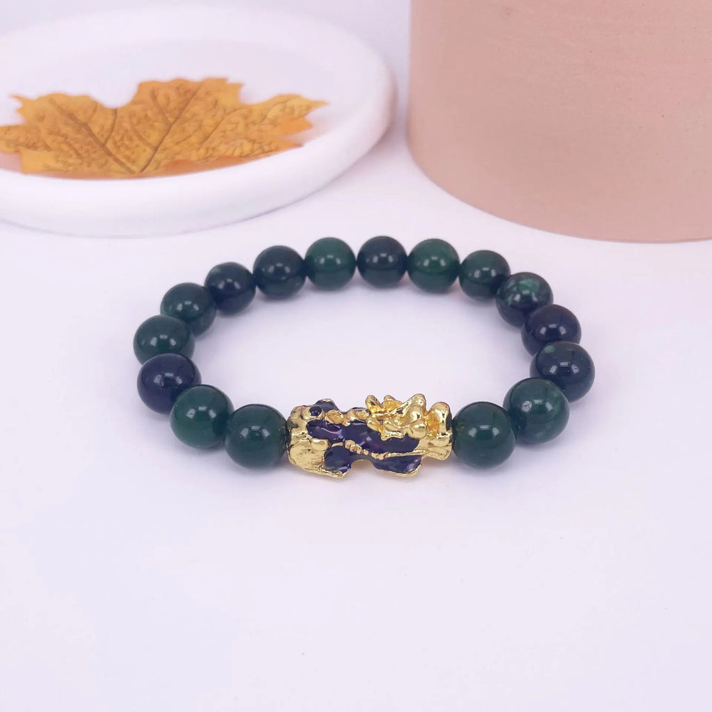 Natural Jade Discolored Pixiu Beaded Stone Men's Bracelet