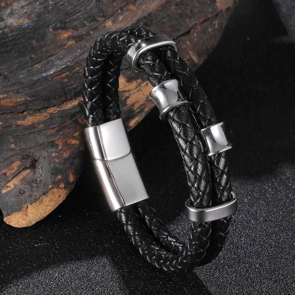 Genuine Leather Braided Stainless Steel Multilayer Bracelet for Men