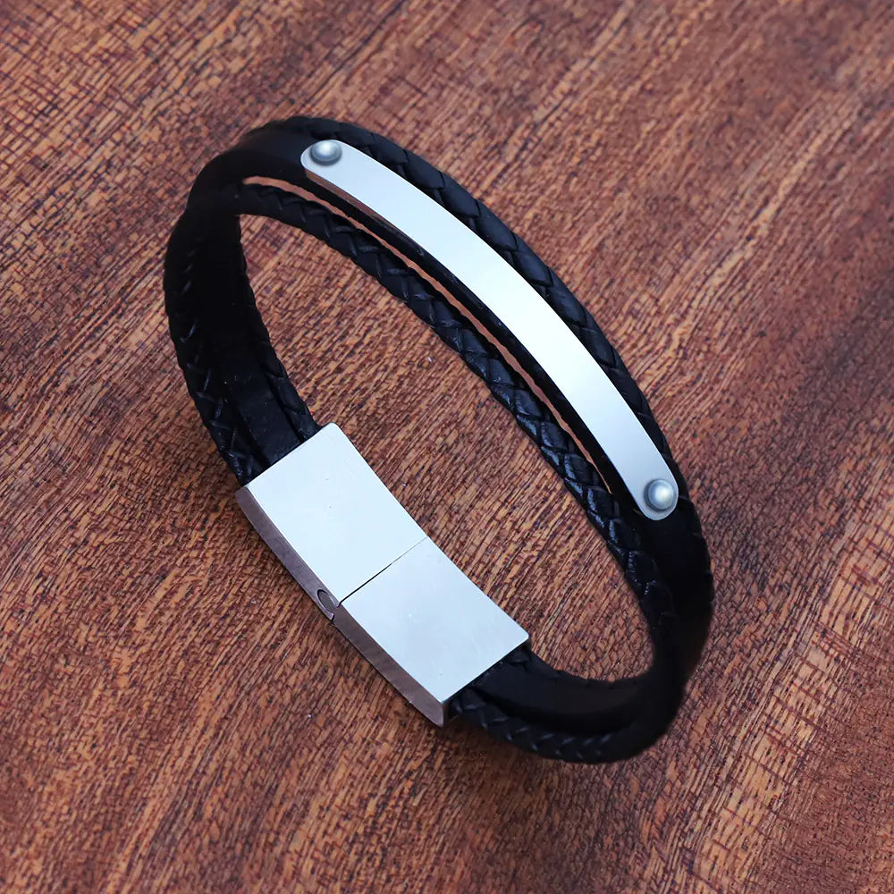 Stainless Steel Black Leather Woven Men's Bracelet