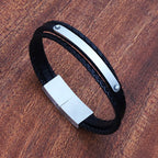 Stainless Steel Black Leather Woven Men's Bracelet