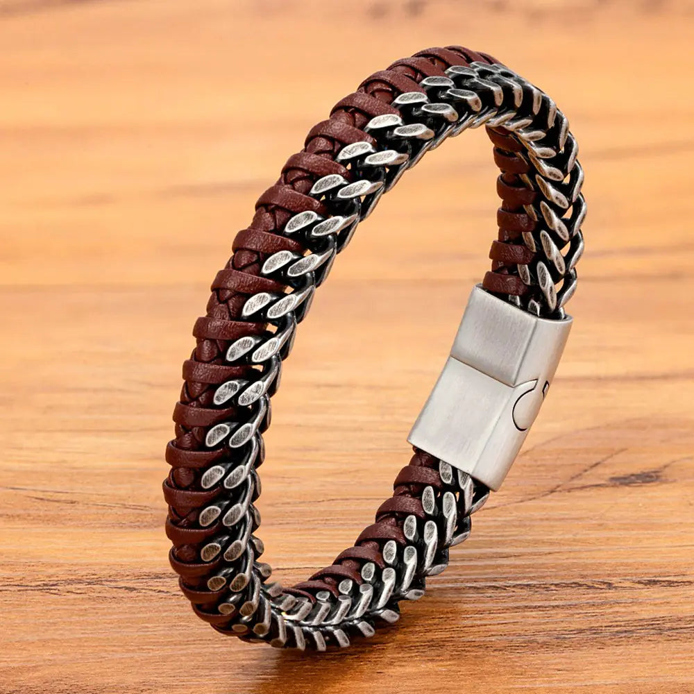 Vintage Leather Woven  Steel Buckle Men's Bracelet