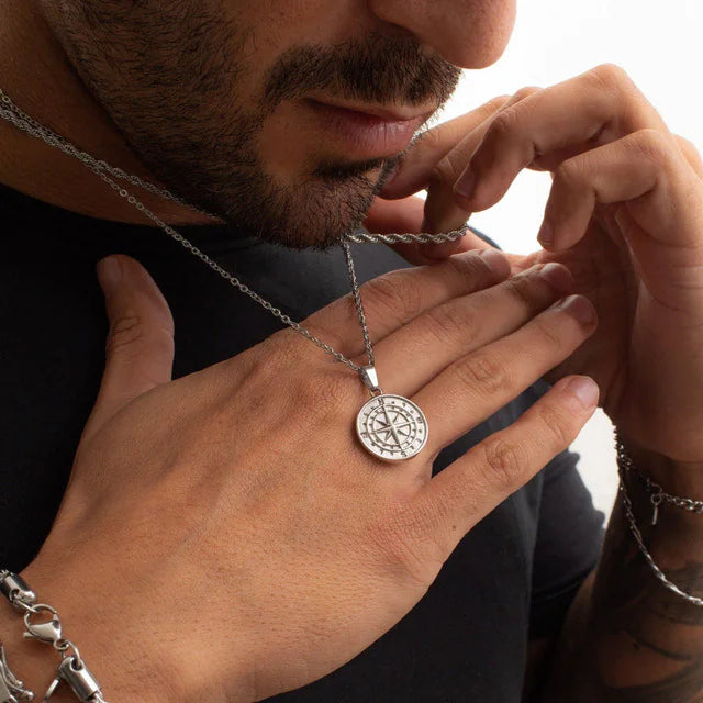 Men's Layered Nautical Compass Pendant Necklace