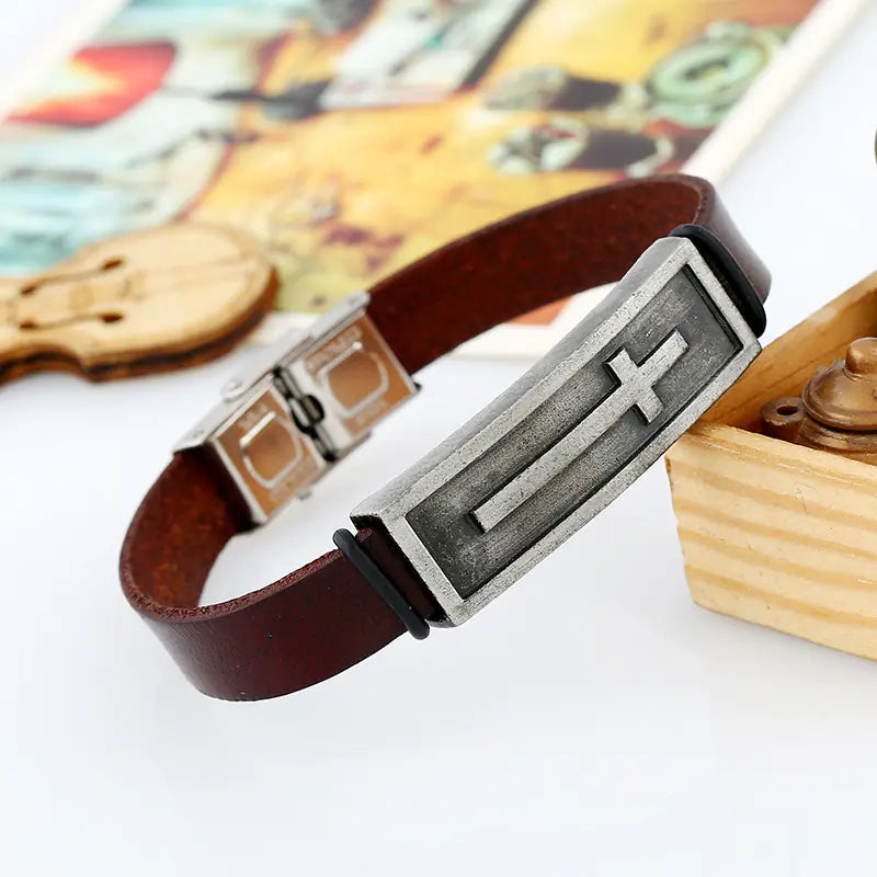 Genuine Leather Cross Men's Bracelet