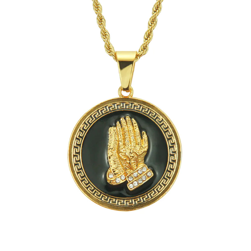 Men's Lion Head and Prayer Hand Pendant