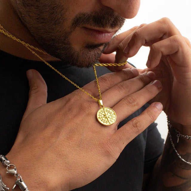 Men's Layered Nautical Compass Pendant Necklace