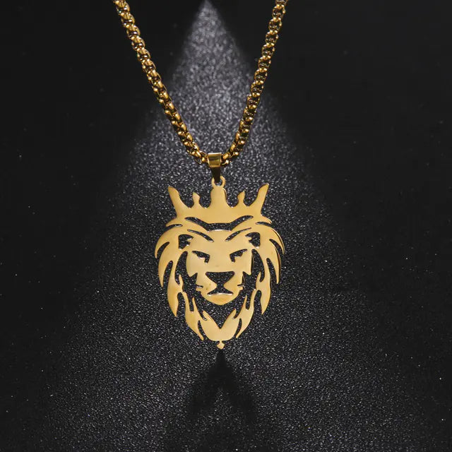 Men's Gold Lion Head Pendant Necklace, Punk Style