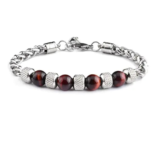 Tiger Eye Stone Beads Titanium Steel Chain Men's Bracelet