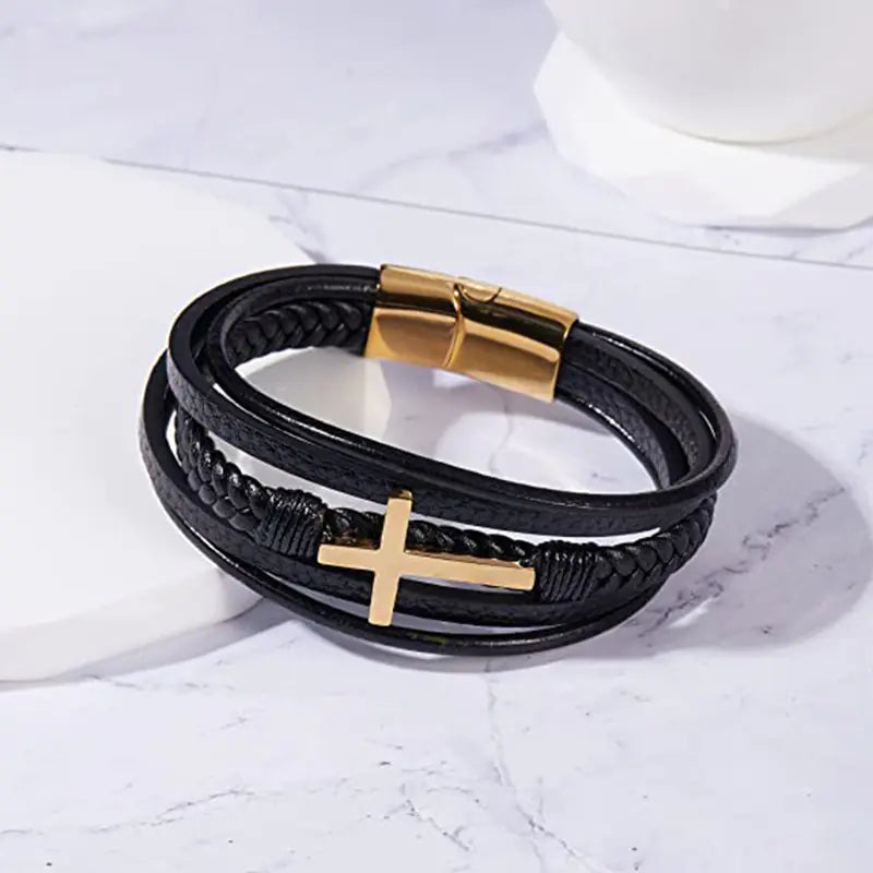 Handmade Multi-layer Braided Leather Cross Men's Bracelet