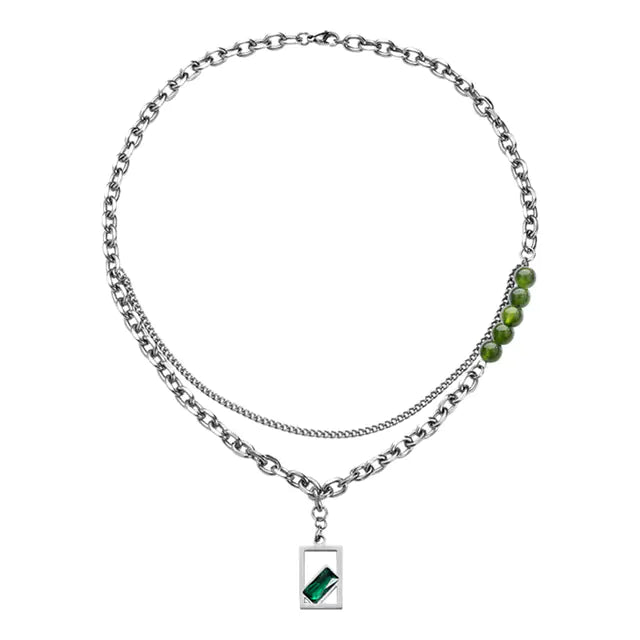 Double Layer Stainless Steel Men's Link Chain Green Pendant