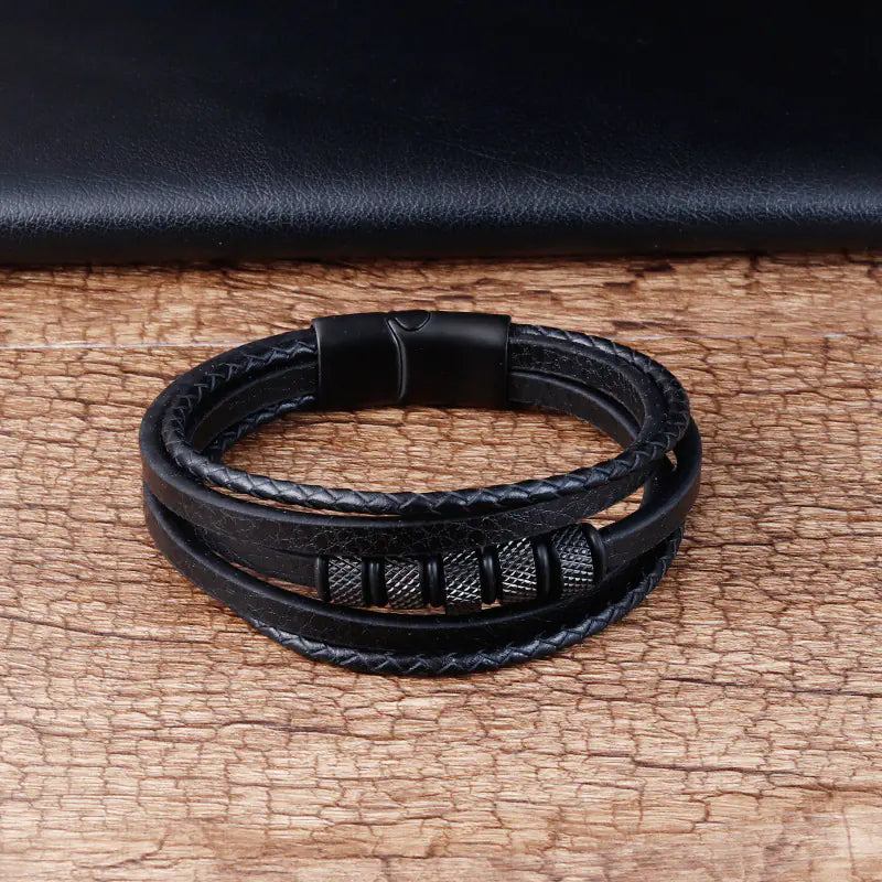 Genuine Leather Multi-layer Stainless Steel Men's Bracelet