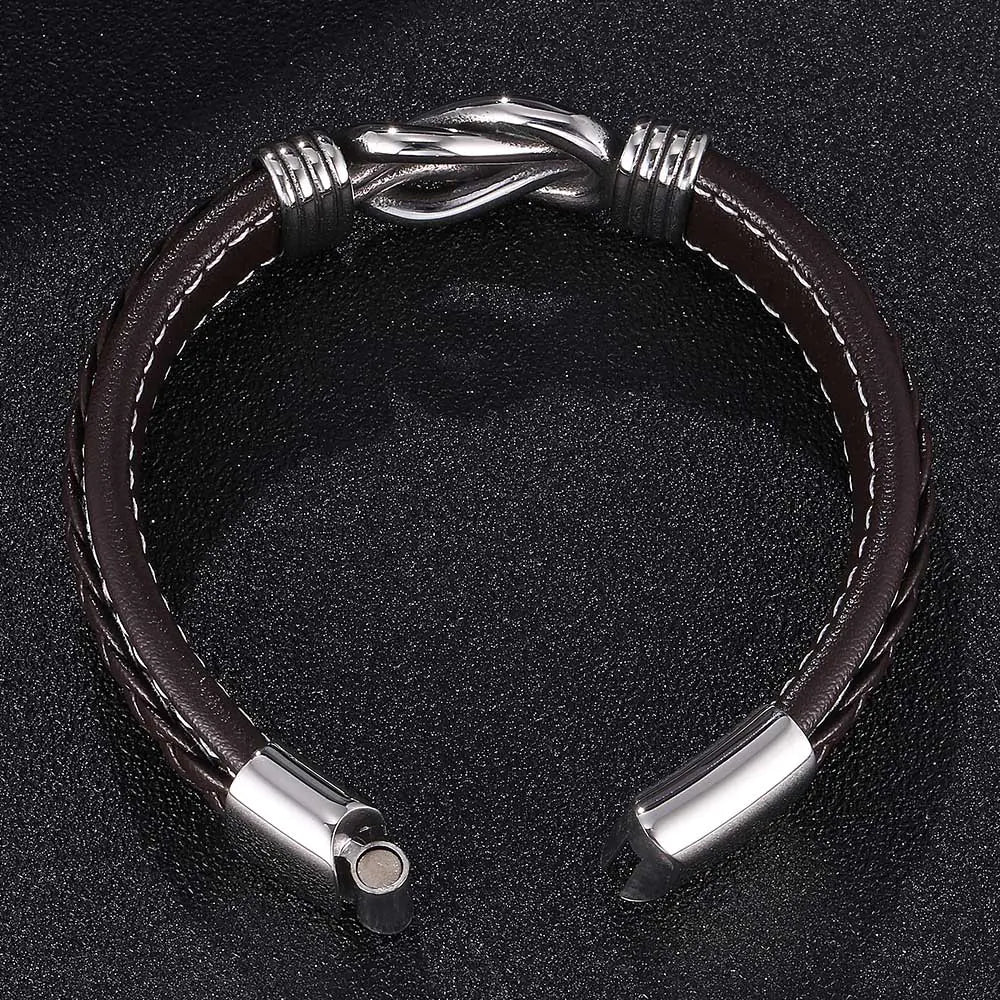 Microfiber Brown Leather Stainless Steel Punk Bracelet for Men