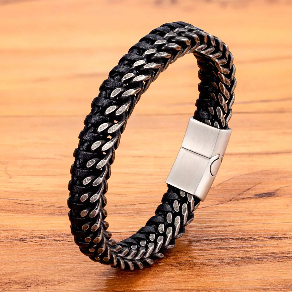 Vintage Leather Woven  Steel Buckle Men's Bracelet