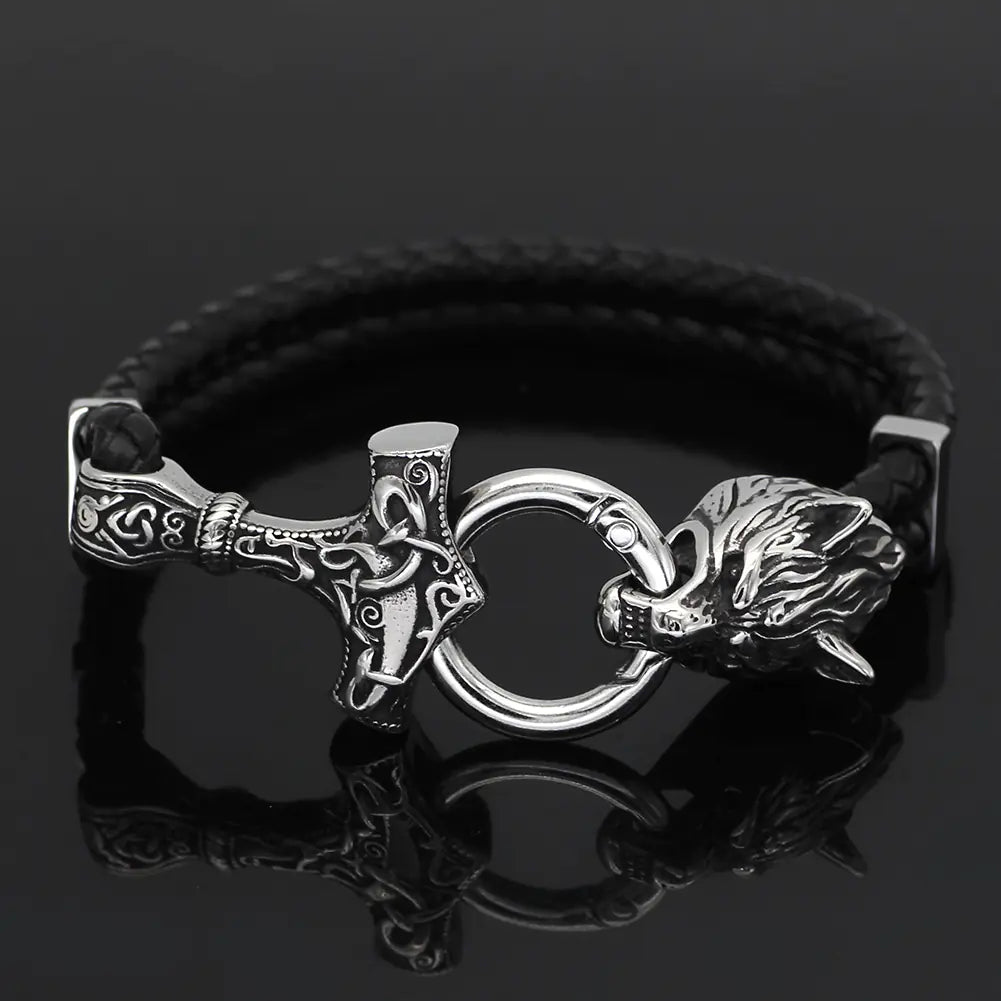 Wolf Metal Leather Chain Men's Bracelet