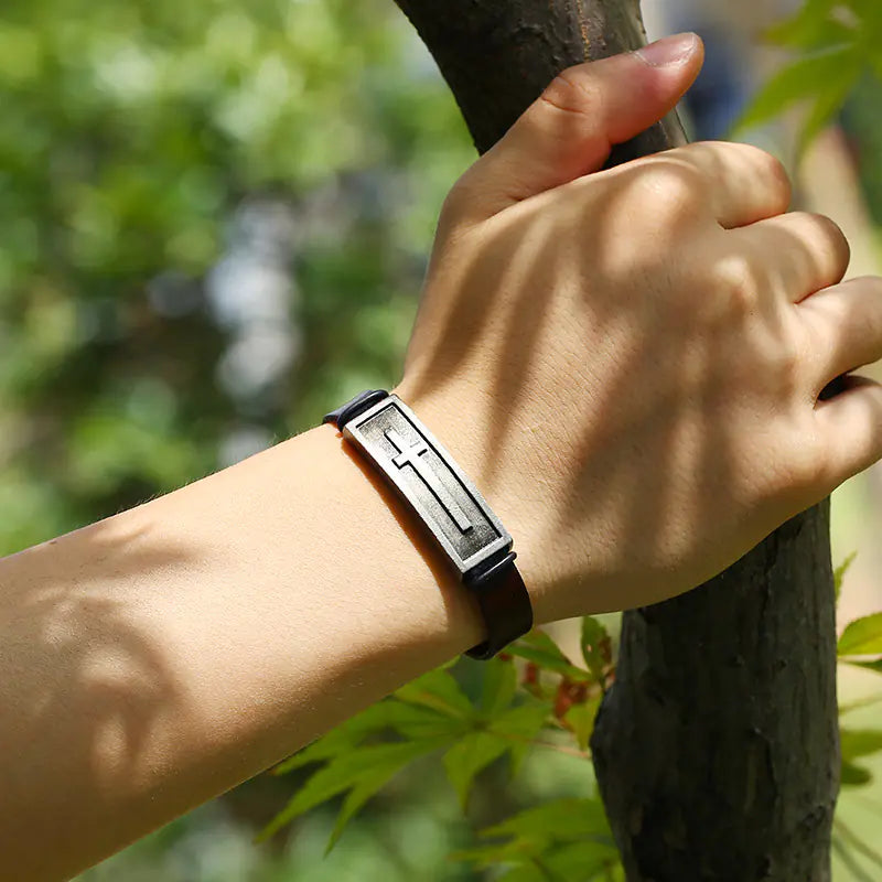 Genuine Leather Cross Men's Bracelet