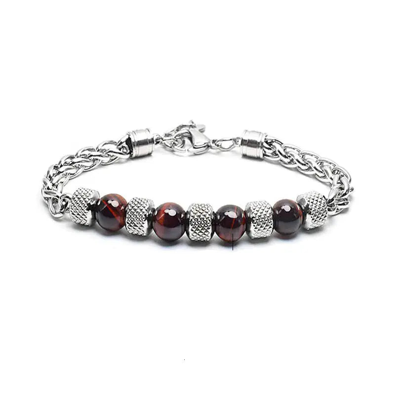 Tiger Eye Stone Beads Titanium Steel Chain Men's Bracelet