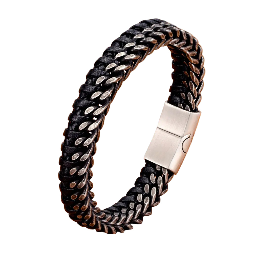 Vintage Leather Woven  Steel Buckle Men's Bracelet