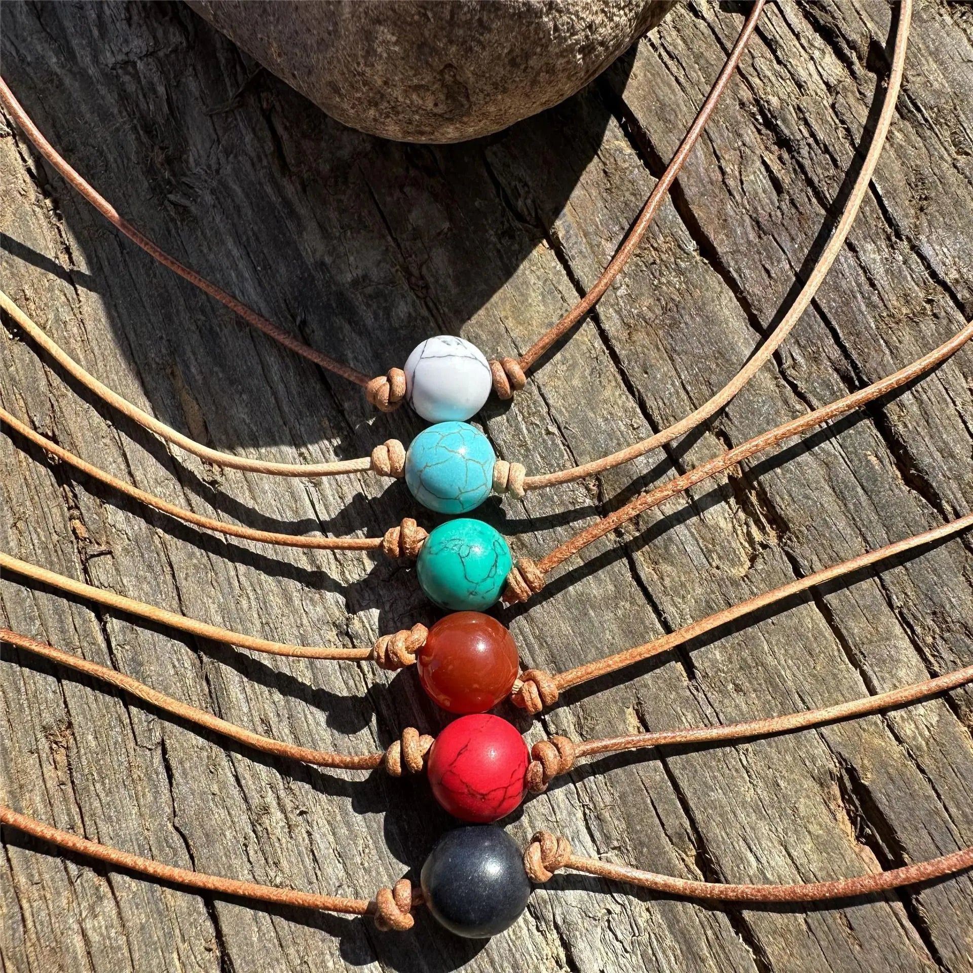 Natural Stone Turquoise Leather Woven Necklace