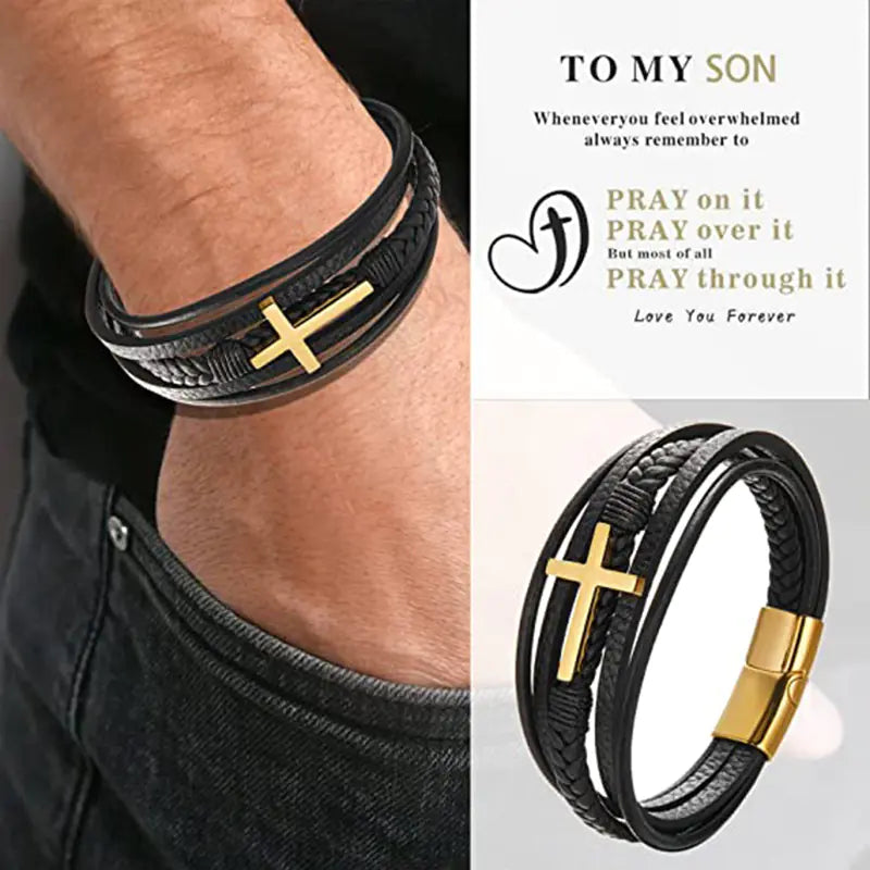 Handmade Multi-layer Braided Leather Cross Men's Bracelet