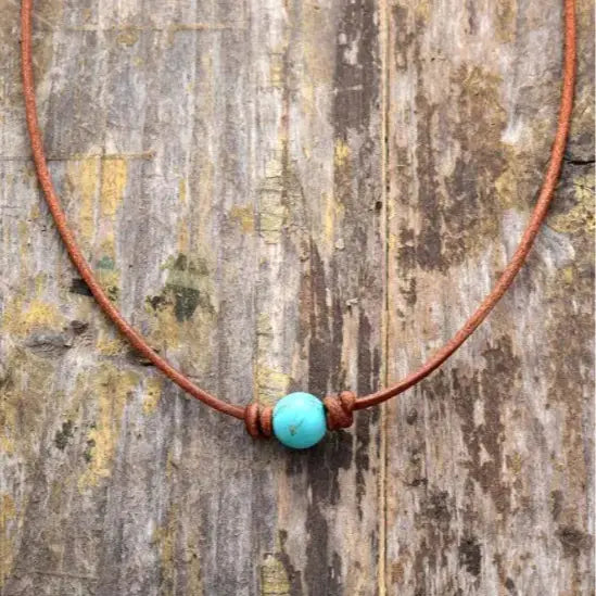 Natural Stone Turquoise Leather Woven Necklace