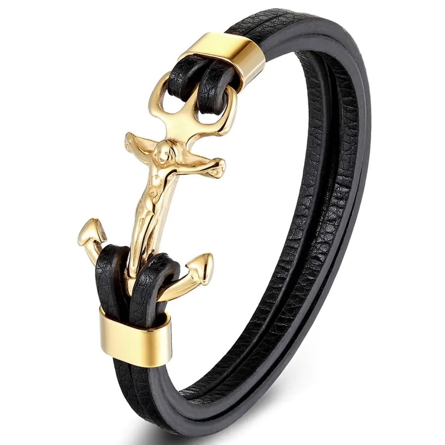 Classic Magnetic Anchor Stainless Steel Leather Men's Bracelet