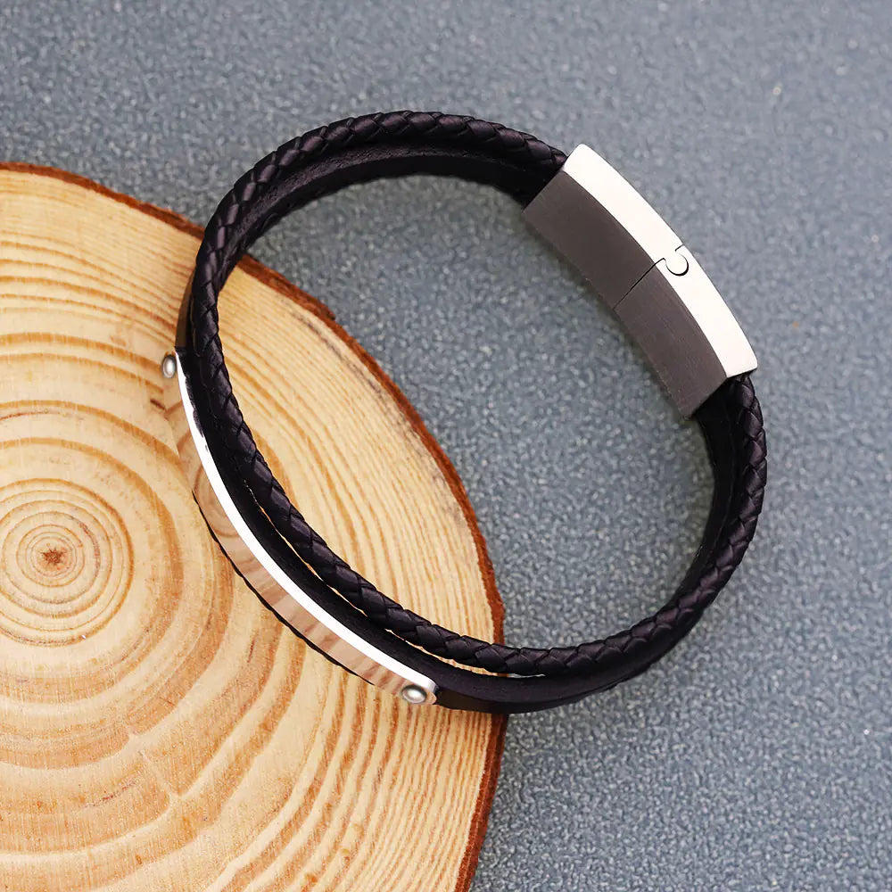Stainless Steel Black Leather Woven Men's Bracelet