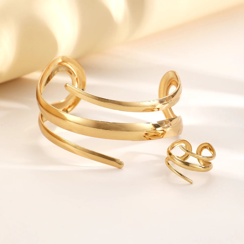 Gold European & American Thick Geometric Bracelet Ring Combination Set