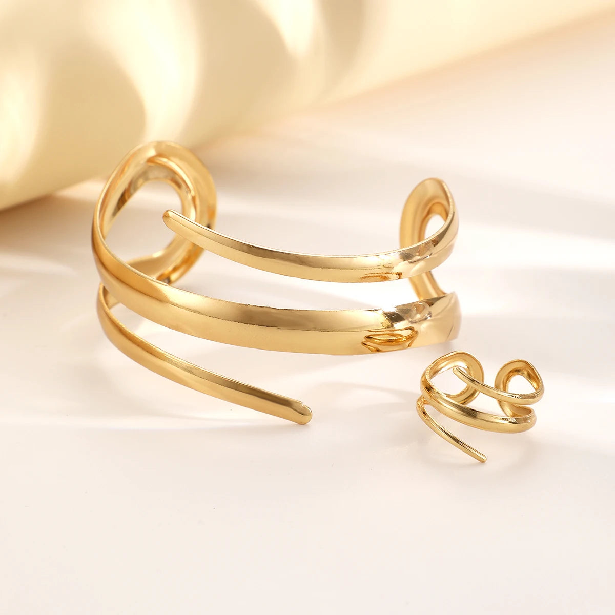 Gold European & American Thick Geometric Bracelet Ring Combination Set