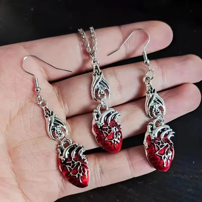 Gothic Vampire Bat Bloody Heart Pendant Necklace