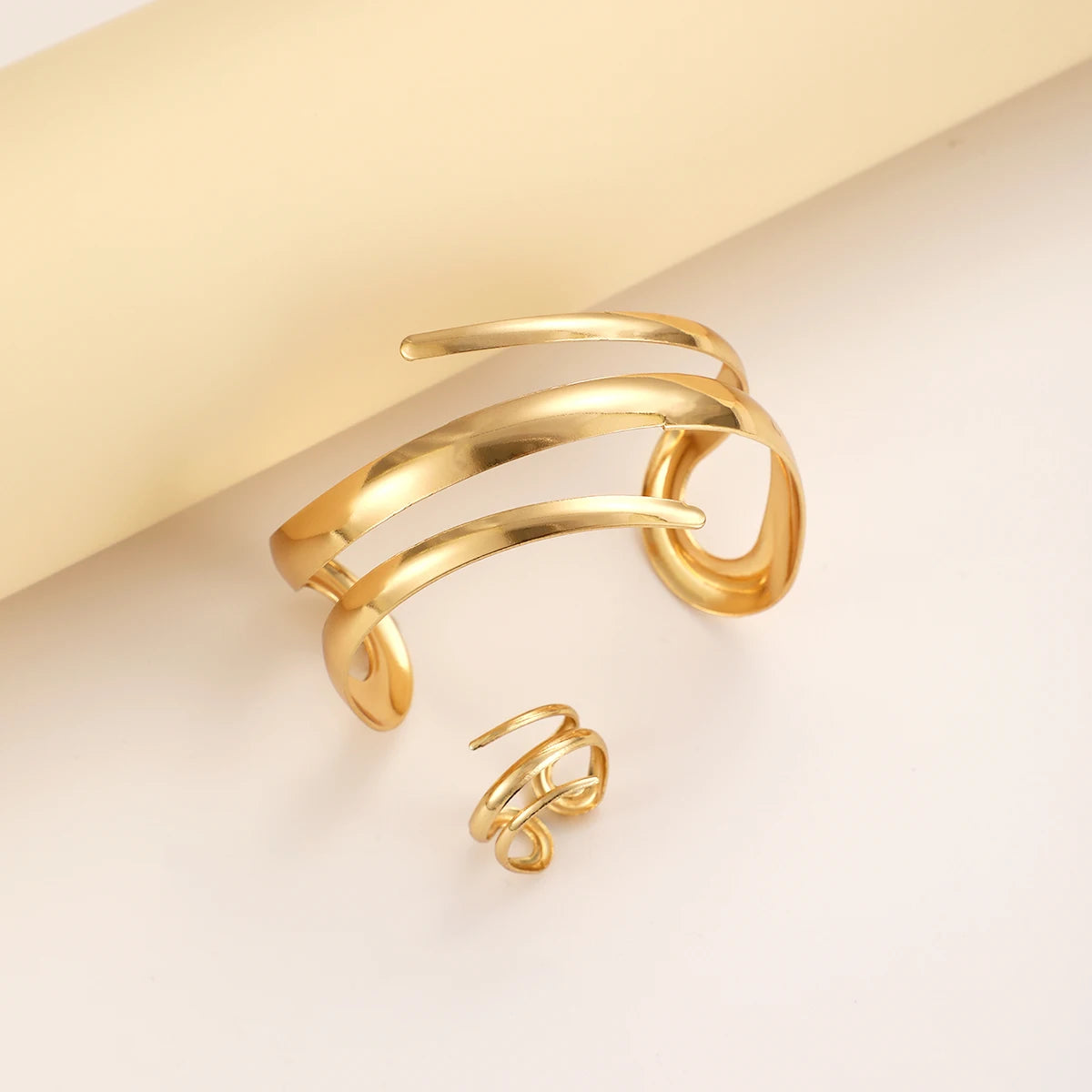 Gold European & American Thick Geometric Bracelet Ring Combination Set