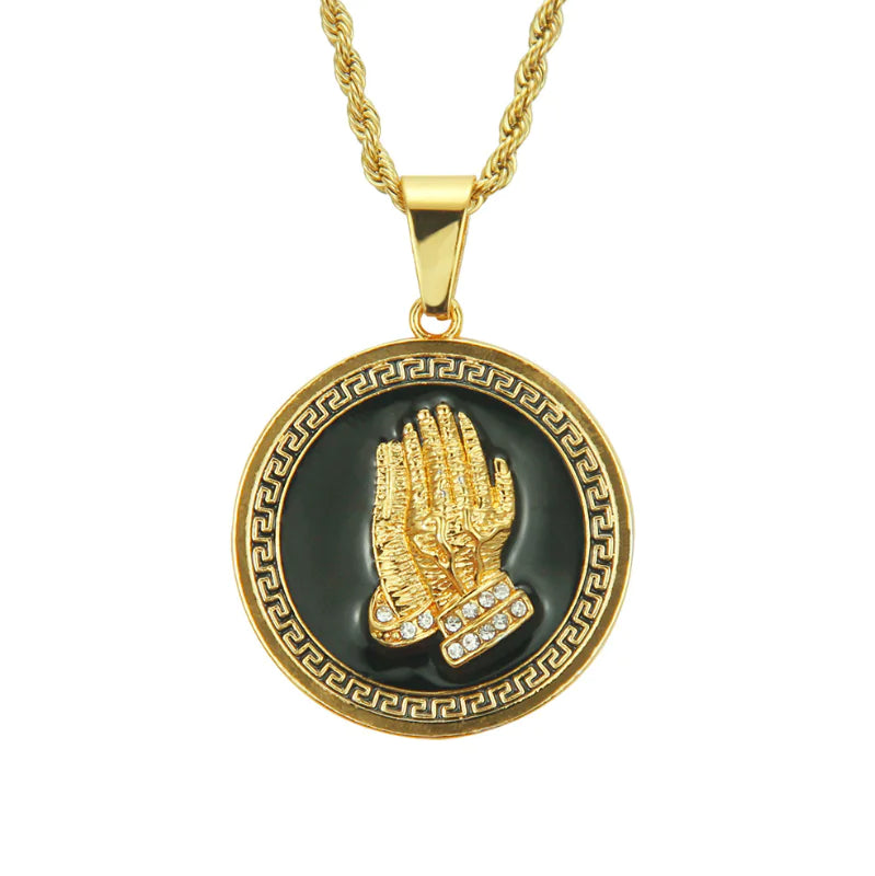 Men's Lion Head and Prayer Hand Pendant