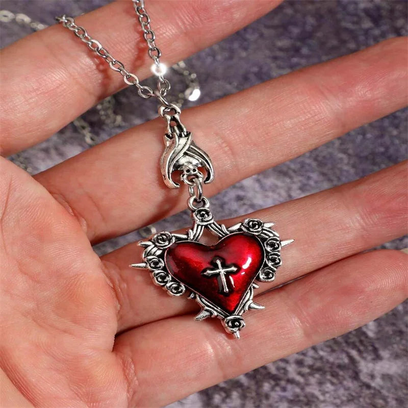 Gothic Vampire Bat Bloody Heart Pendant Necklace