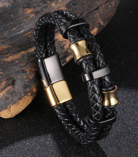 Genuine Leather Braided Stainless Steel Multilayer Bracelet for Men