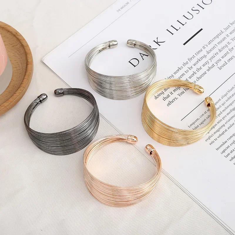 Wide Multilayer Metal Wires Cuff Women's Bracelet