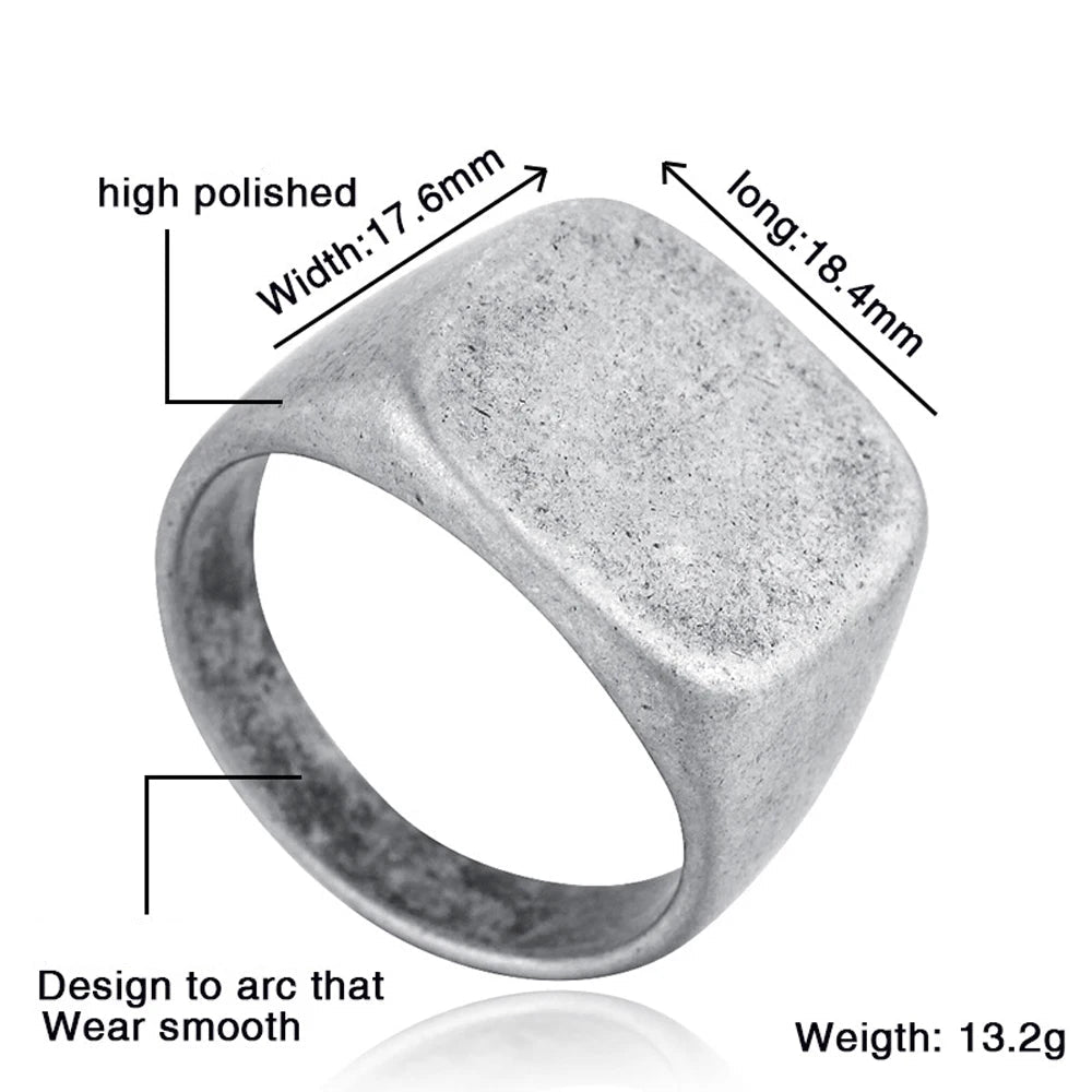 Solid Masculine Titanium Steel Vintage Square Ring for Men