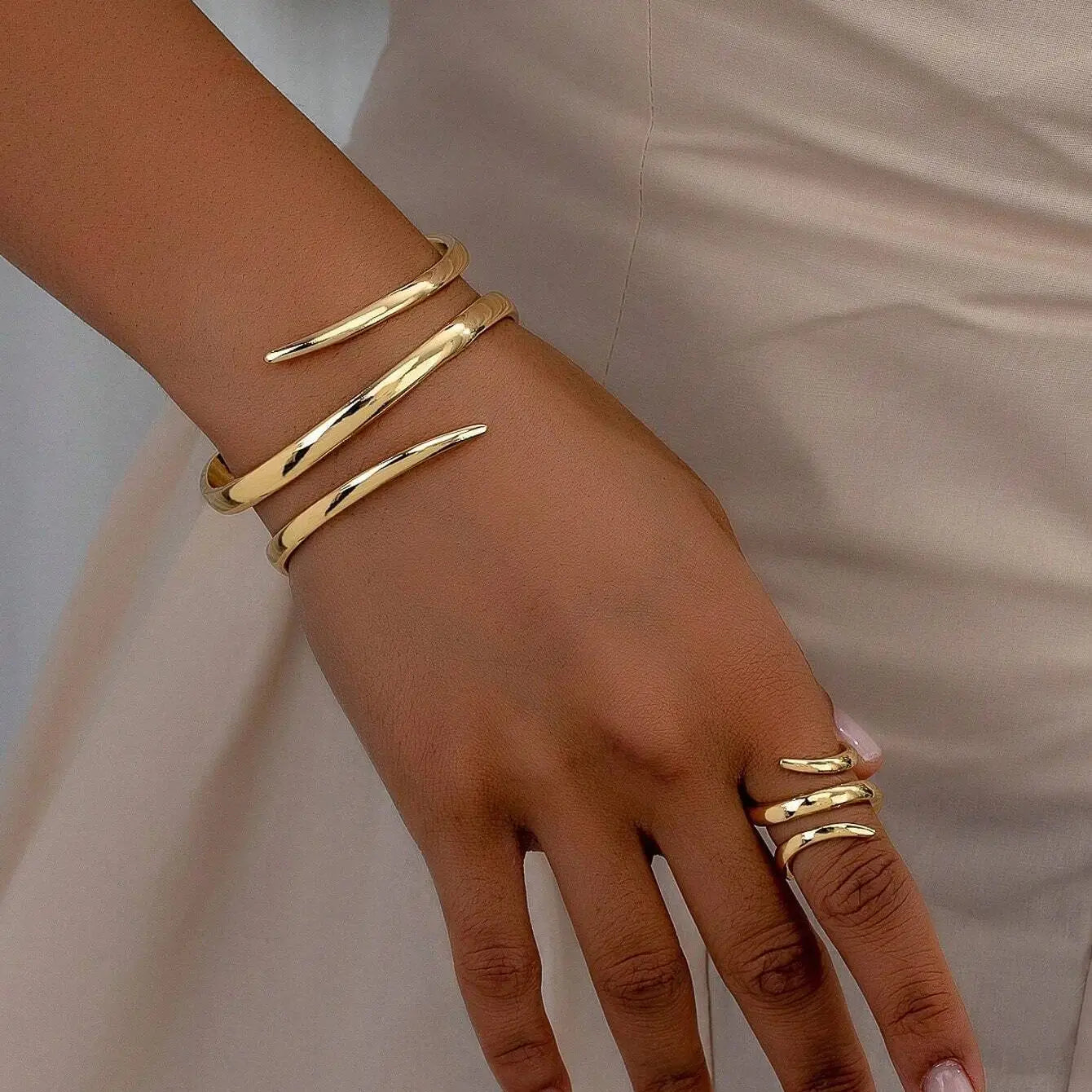 Gold European & American Thick Geometric Bracelet Ring Combination Set