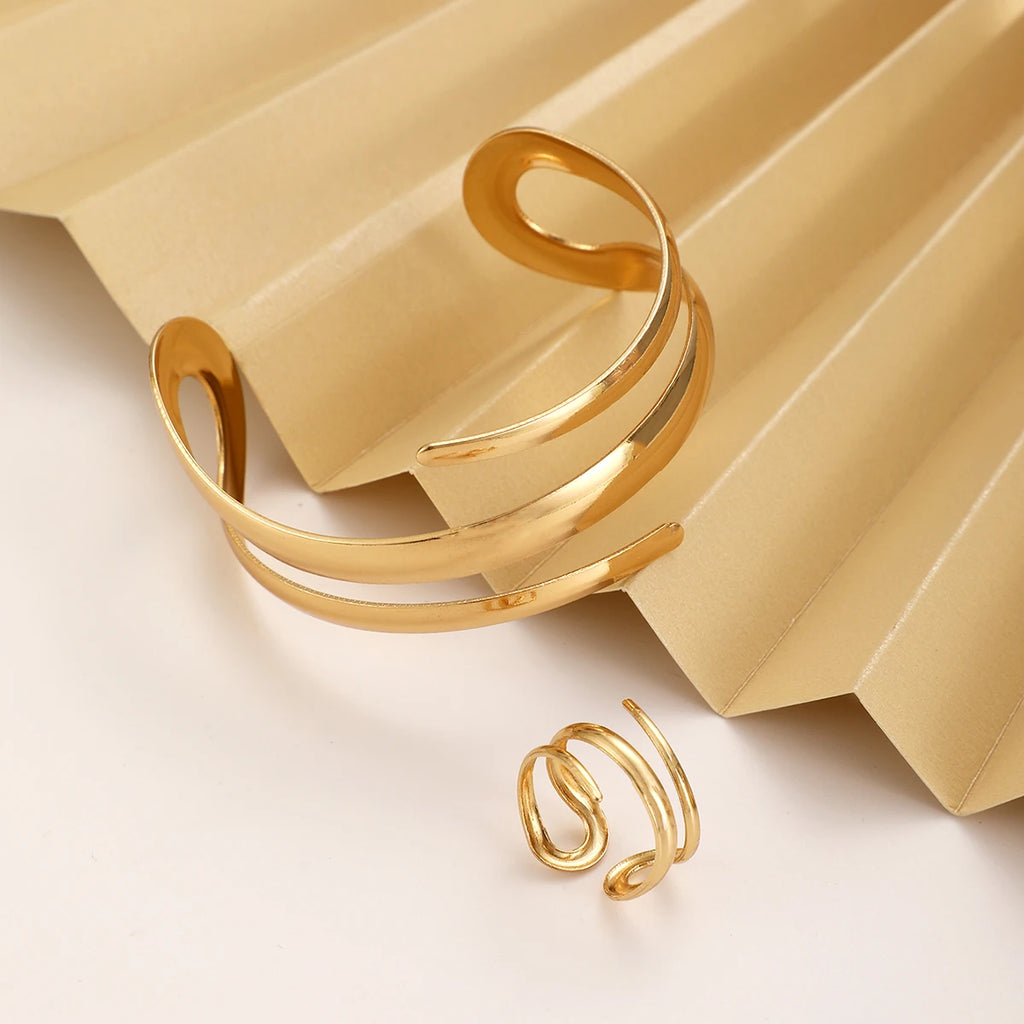 Gold European & American Thick Geometric Bracelet Ring Combination Set