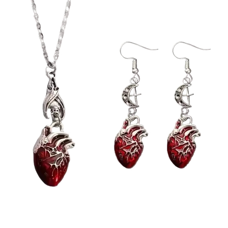 Gothic Vampire Bat Bloody Heart Pendant Necklace