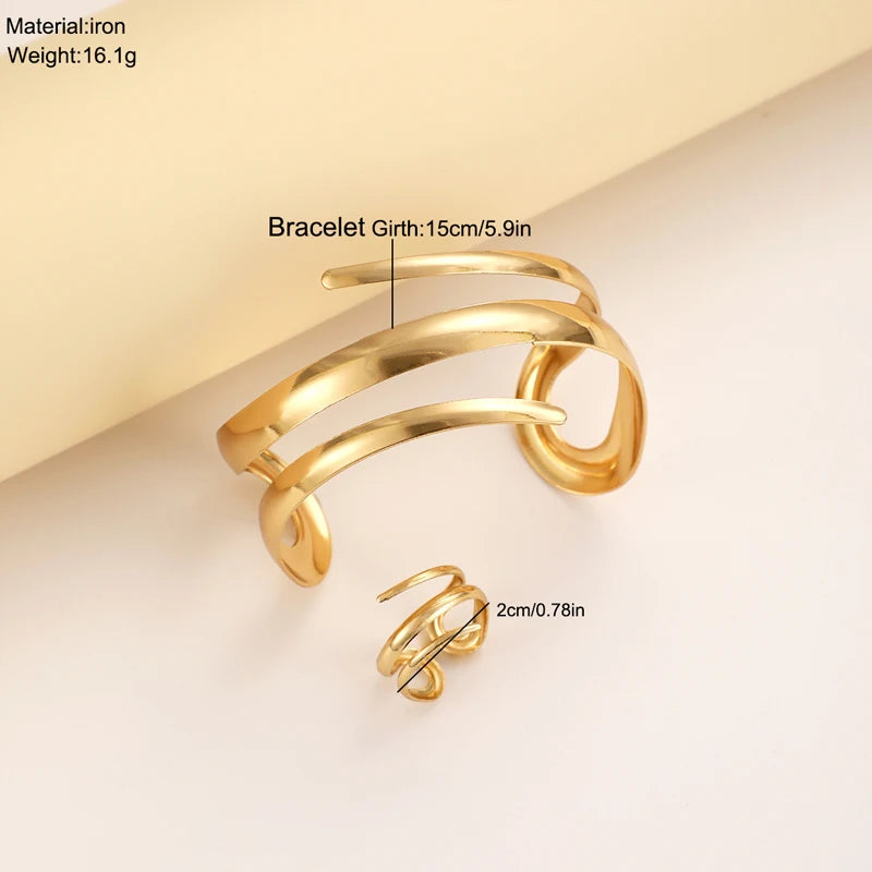 Gold European & American Thick Geometric Bracelet Ring Combination Set