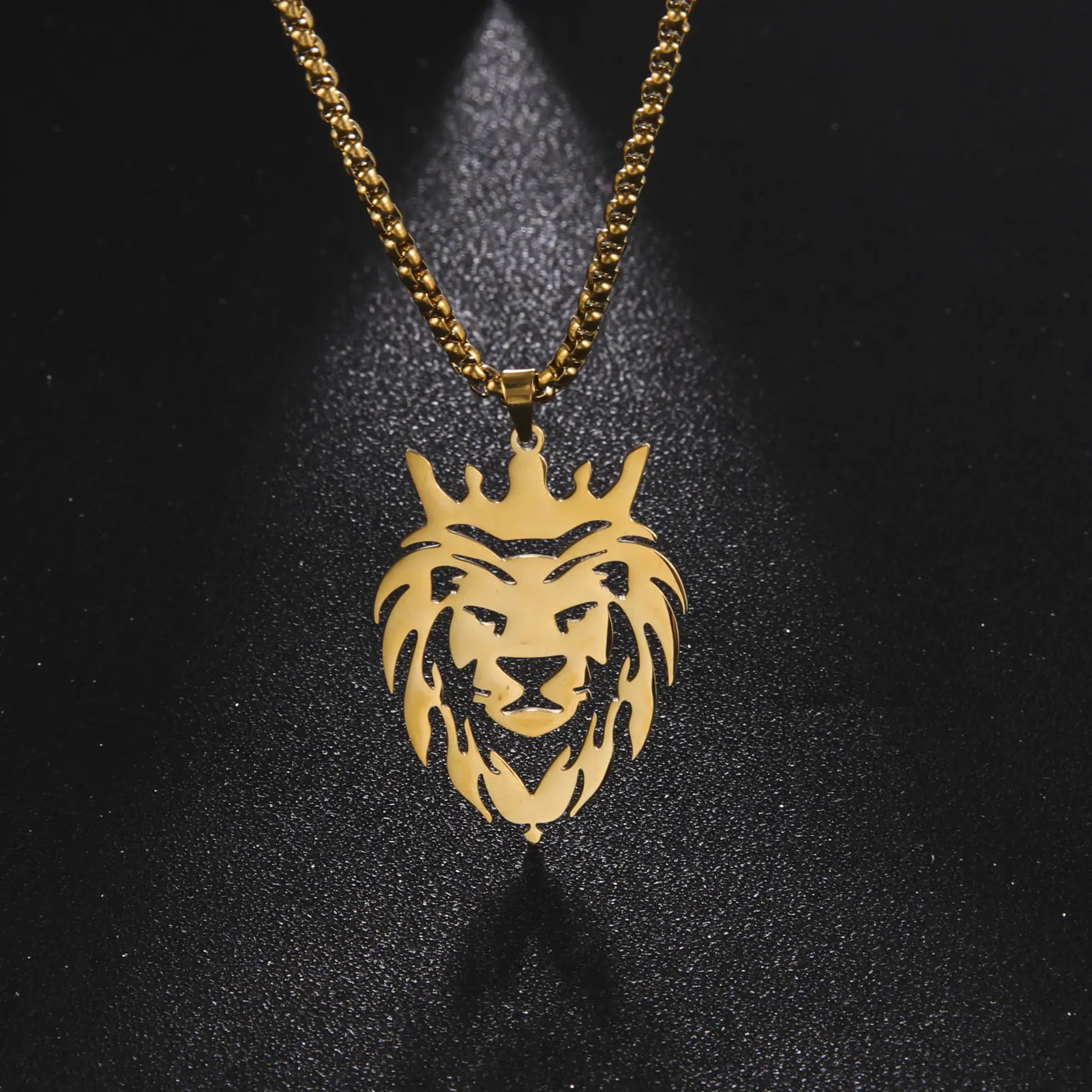 Men's Gold Lion Head Pendant Necklace, Punk Style