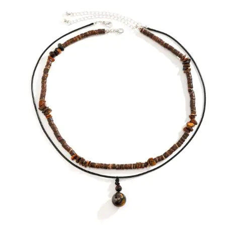 Men's Wooden Necklace with Natural Stone Pendant (One Set)