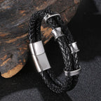 Genuine Leather Braided Stainless Steel Multilayer Bracelet for Men
